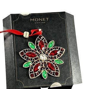 Monet Rhinestone Poinsettia Christmas Holiday Ornament Red Green 3.5"